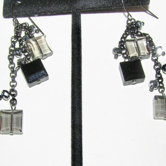 Black Glass and Gray Crystal Dangling Earrings - Picture 2 of 3